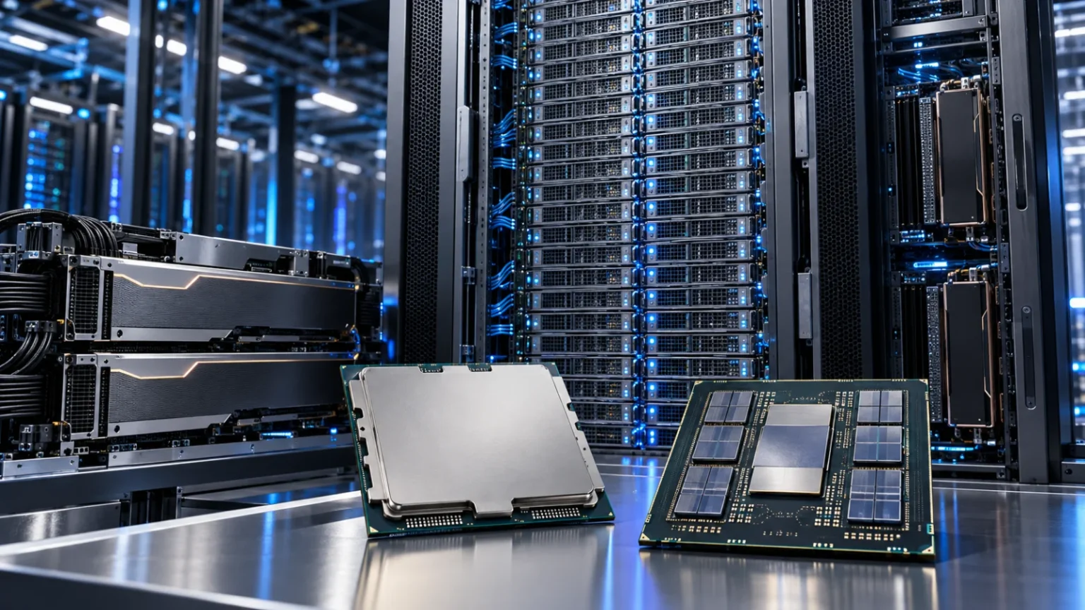 ארון שרתים מתקדם המדגים את מערכת AMD Helion לצד מעבדי EPYC Zen 6 ומאיצי בינה מלאכותית