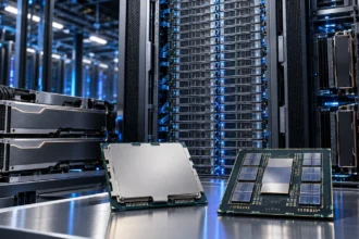 ארון שרתים מתקדם המדגים את מערכת AMD Helion לצד מעבדי EPYC Zen 6 ומאיצי בינה מלאכותית