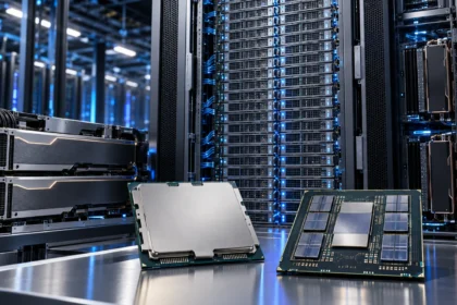 ארון שרתים מתקדם המדגים את מערכת AMD Helion לצד מעבדי EPYC Zen 6 ומאיצי בינה מלאכותית