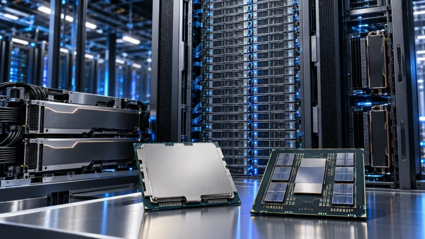 ארון שרתים מתקדם המדגים את מערכת AMD Helion לצד מעבדי EPYC Zen 6 ומאיצי בינה מלאכותית