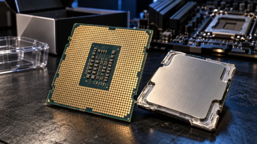 השוואה בין תחתית מעבד AMD Ryzen מקורי לבין מעבד חשוד בעל מצע ומגעים של Intel