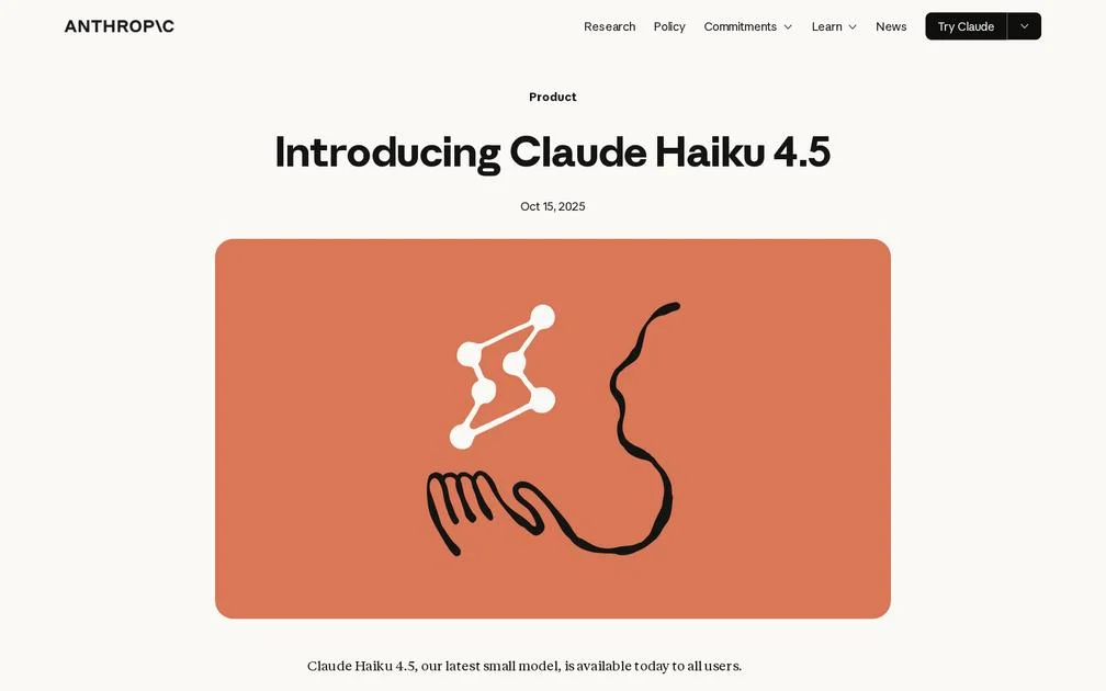 עמוד ההכרזה של Anthropic על מודל הבינה המלאכותית Claude Haiku 4.5