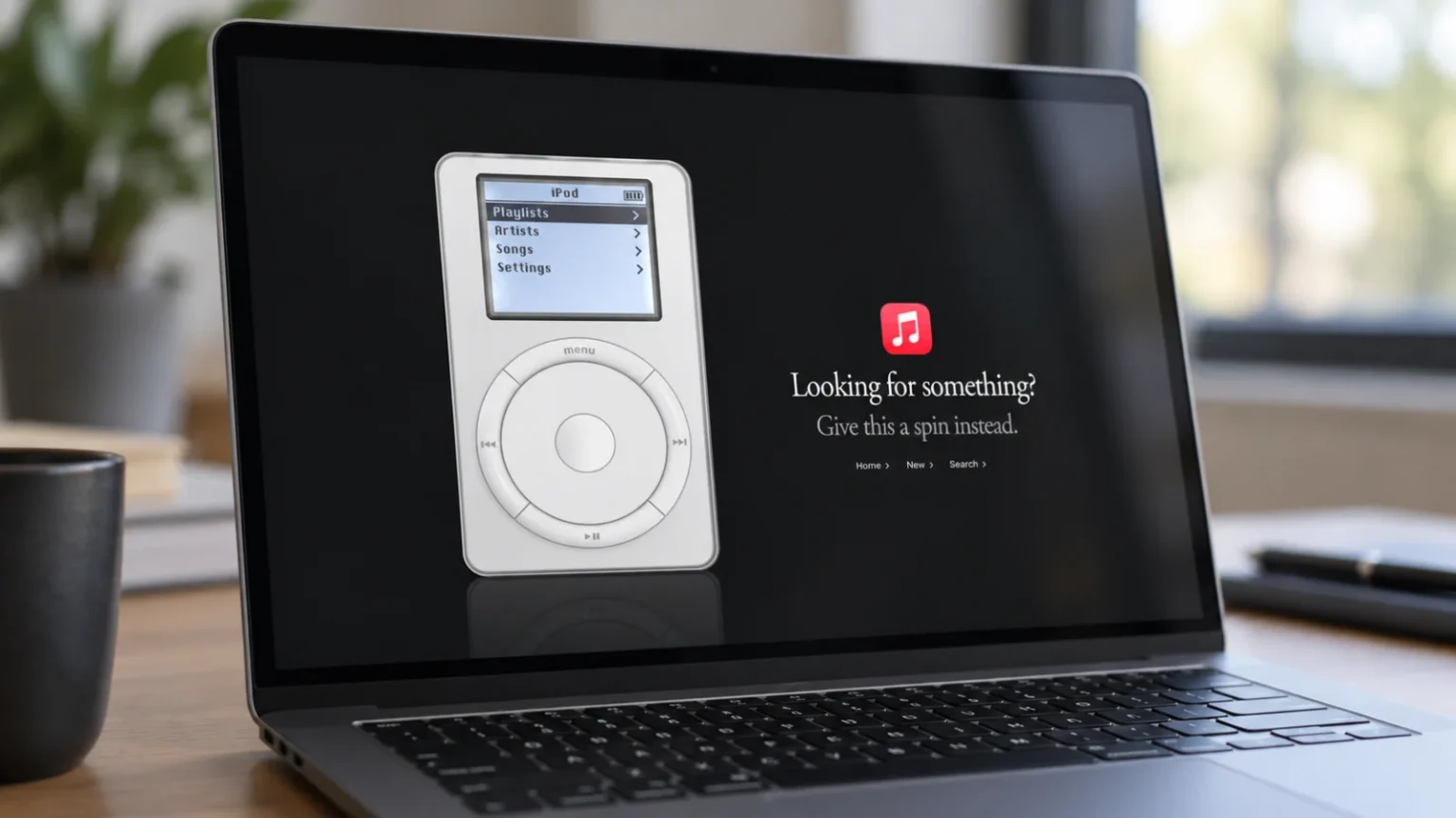 שחזור דיגיטלי של ה-iPod המקורי משנת 2001 מופיע בתוך דף אינטרנט במחשב נייד