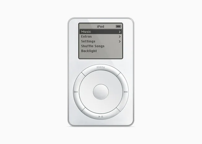 ה-iPod המקורי של אפל משנת 2001, עם מסך מונוכרומטי וגלגל גלילה מכני
