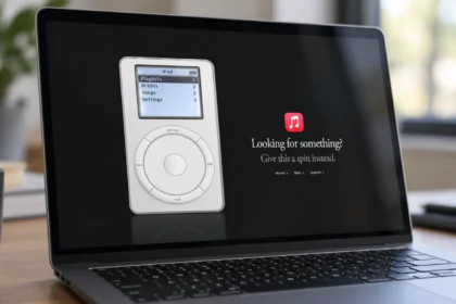שחזור דיגיטלי של ה-iPod המקורי משנת 2001 מופיע בתוך דף אינטרנט במחשב נייד