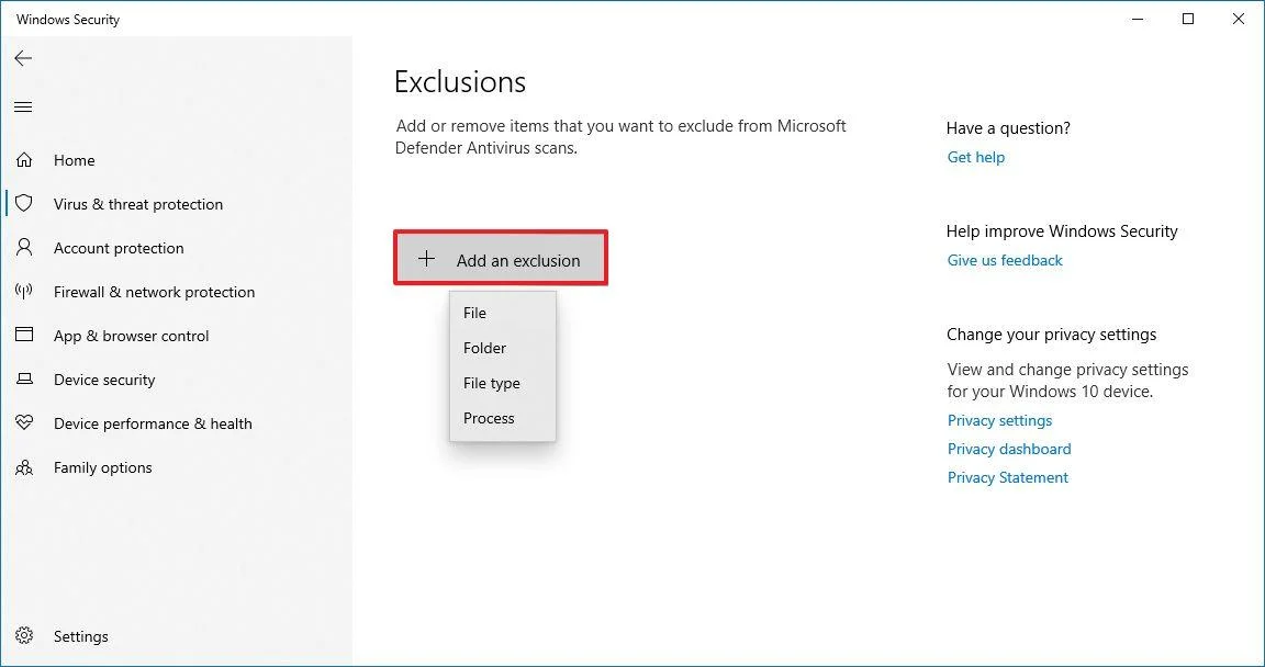 מסך הגדרת החרגות של Microsoft Defender ב-Windows