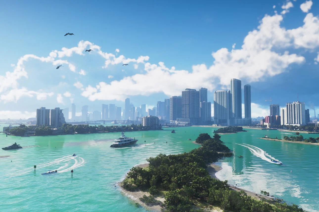מבט רשמי על קו החוף של Vice City ב-GTA 6, עם גורדי שחקים, יאכטות וסירות במים