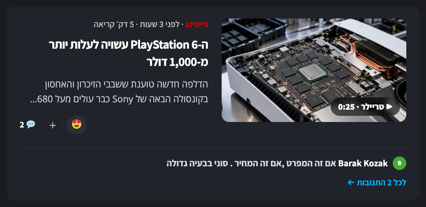 כרטיס כתבה עם ריאקשנים ותגובת קורא