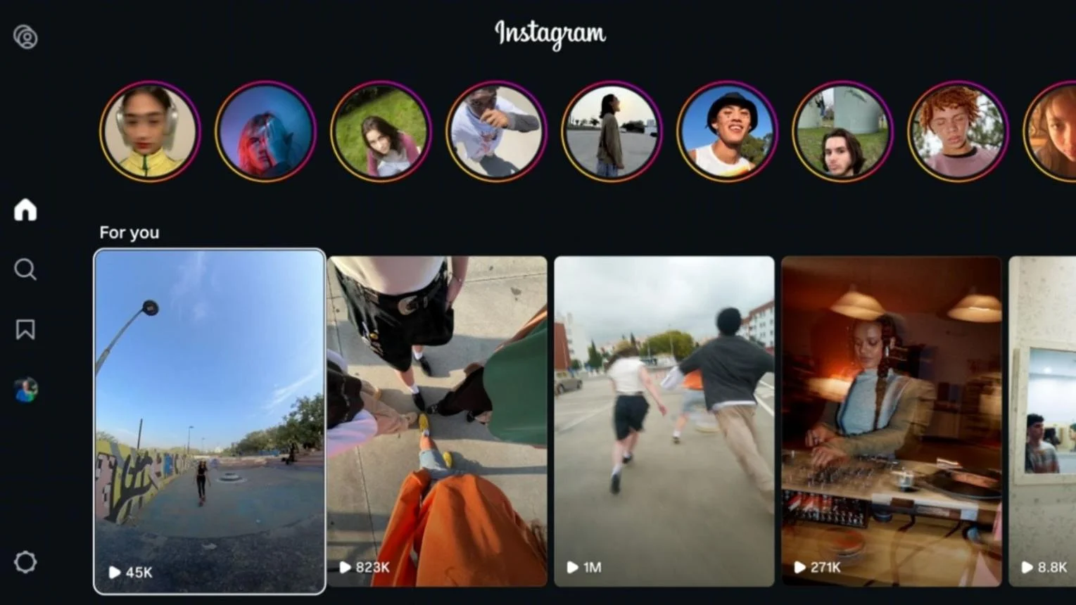 ממשק Instagram for TV המציג ספריית סרטונים והמלצות לצפייה על מסך טלוויזיה