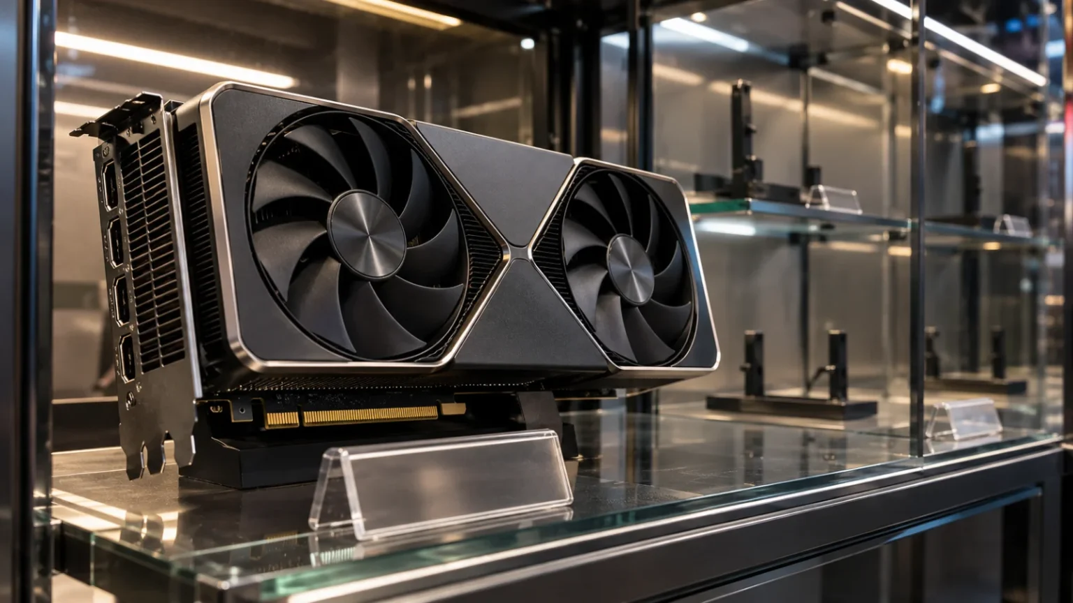 כרטיס מסך מתקדם מדגם RTX 5090 מוצג בארון זכוכית בחנות מחשבים שבה רוב המדפים ריקים