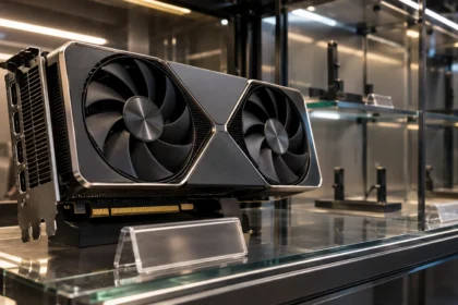 כרטיס מסך מתקדם מדגם RTX 5090 מוצג בארון זכוכית בחנות מחשבים שבה רוב המדפים ריקים