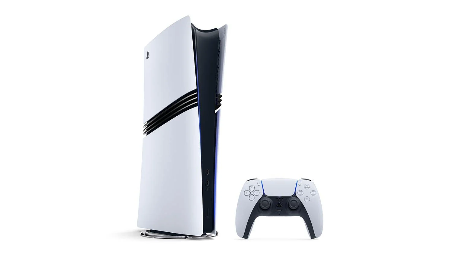 קונסולת PlayStation 5 Pro הנוכחית לצד בקר DualSense