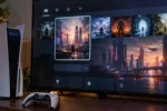 קונסולת PlayStation 5 לצד מסך המציג משחקי PC בתוך ממשק הקונסולה באמצעות Playden