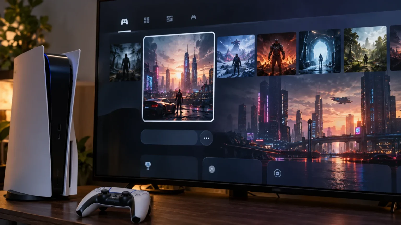 קונסולת PlayStation 5 לצד מסך המציג משחקי PC בתוך ממשק הקונסולה באמצעות Playden