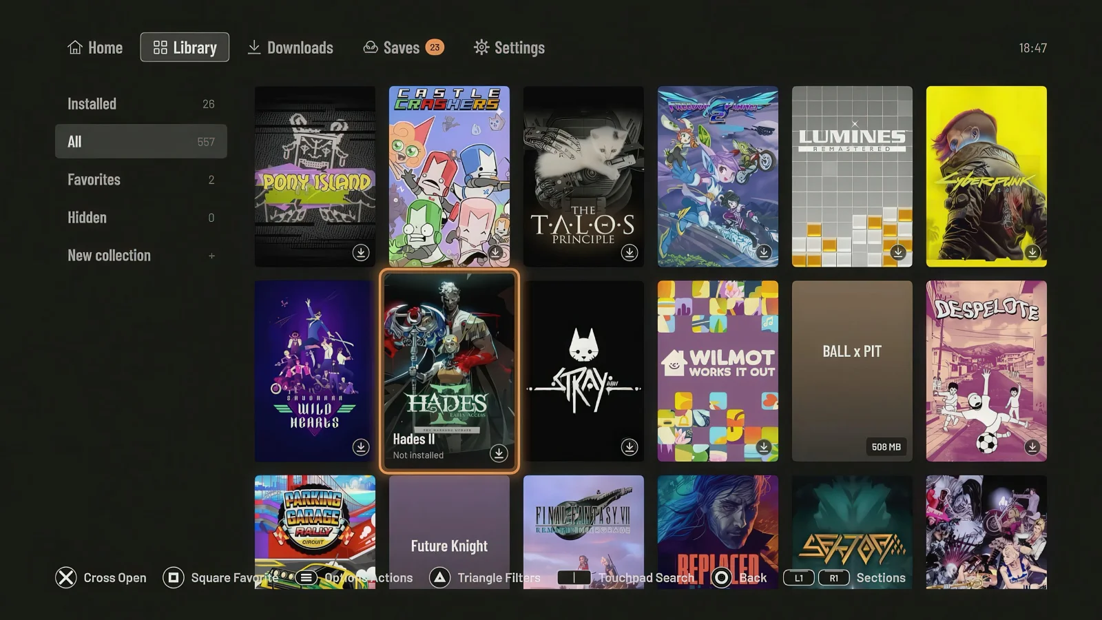 A library view screen displaying various game titles including 'Hades II', 'Cyberpunk', and 'Pony Island', with 'Hades II' highlighted and labeled as 'Not installed'.