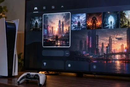 קונסולת PlayStation 5 לצד מסך המציג משחקי PC בתוך ממשק הקונסולה באמצעות Playden