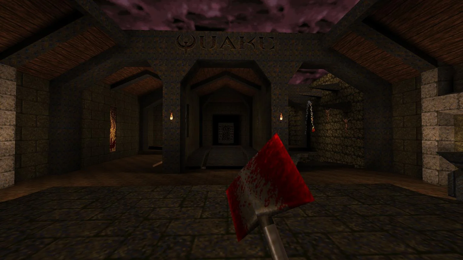 צילום מסך מתוך משחק היריות Quake המציג סביבת תלת-ממד גותית