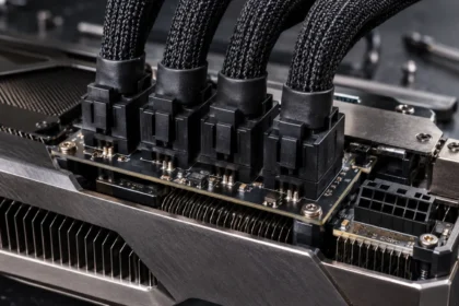 כרטיס מסך RTX 5090 עם הסבת חשמל הכוללת ארבעה מחברי PCIe של 8 פינים במקום חיבור 16 הפינים המקורי