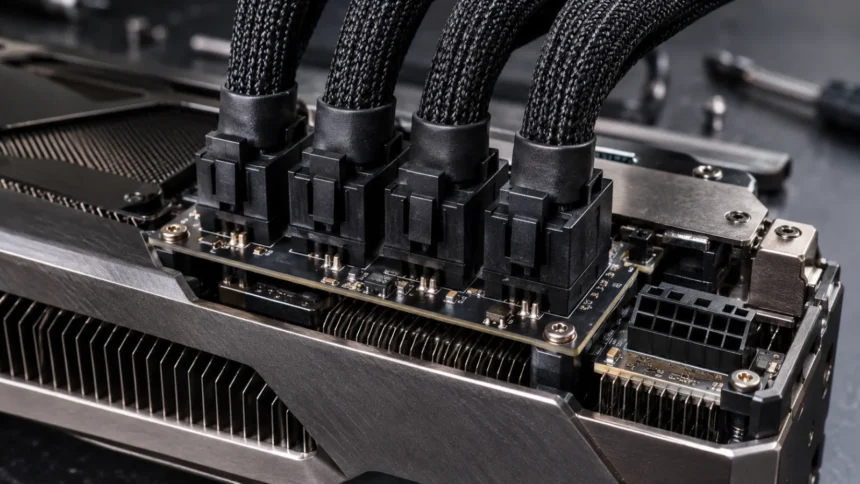 כרטיס מסך RTX 5090 עם הסבת חשמל הכוללת ארבעה מחברי PCIe של 8 פינים במקום חיבור 16 הפינים המקורי
