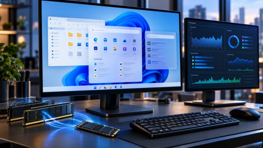 מחשב עם ממשק Windows 11 המציג שיפורים בניהול הזיכרון ובתגובתיות מערכת ההפעלה