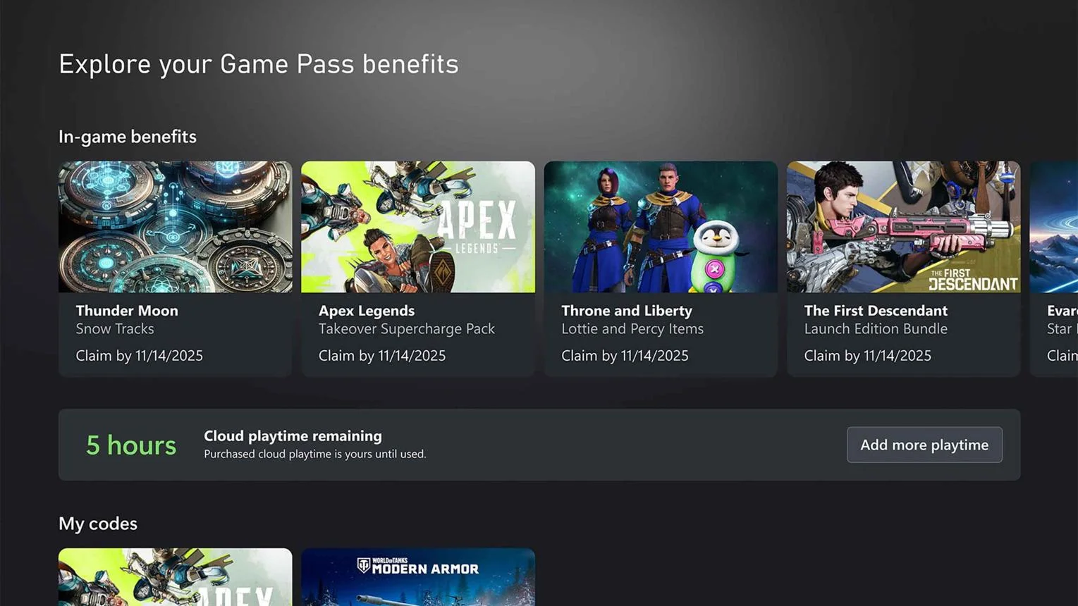 מסך Xbox המציג את יתרת שעות המשחק בענן ואת האפשרות לרכוש זמן משחק נוסף