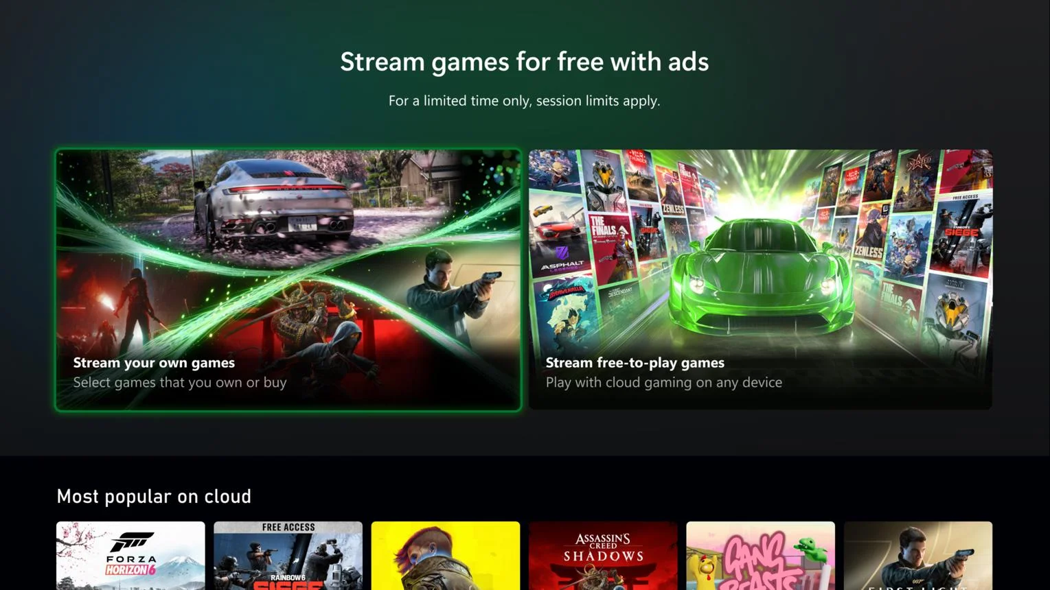 ממשק הבדיקה של Xbox Cloud Gaming המאפשר להזרים משחקים בחינם תמורת צפייה בפרסומות